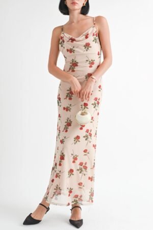 Phoebe Nude Rose Print Mesh Maxi Dress